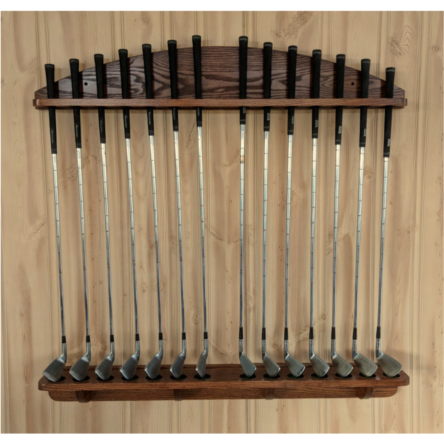 14-Club Solid Oak Wood Wall Mount Golf Rack Club Display