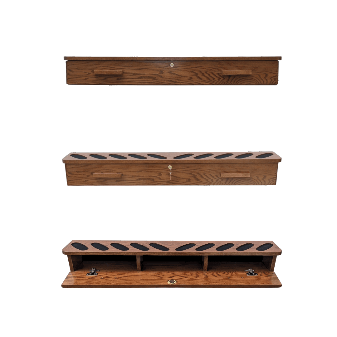 3 Views of the bottom piece of a 10-gun wall display rack with locking ammo cabinet shown open and closed