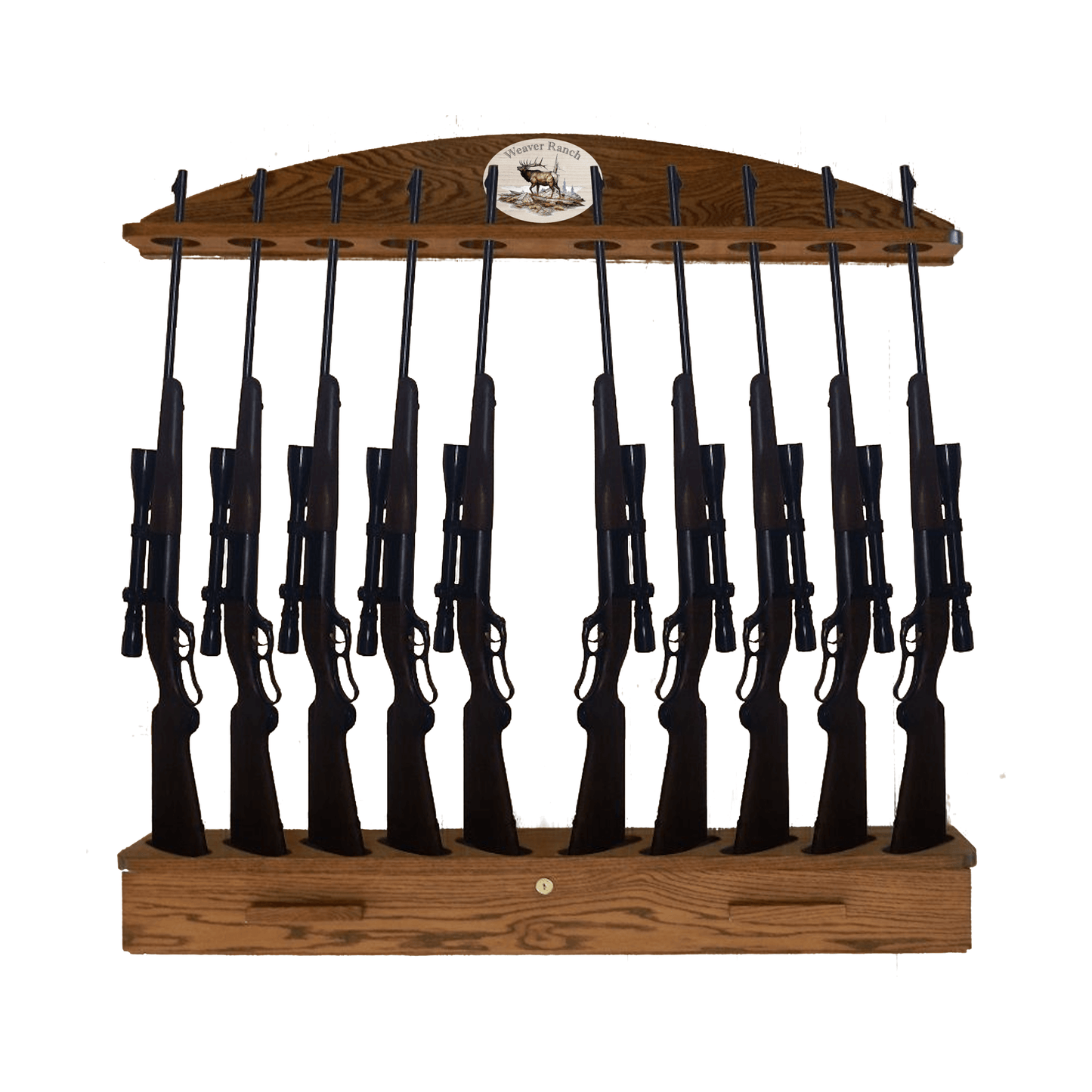 Handcrafted oak gun rack with 10 slots, featuring a locking ammo cabinet, personalized with custom art and or customer's name or initials.