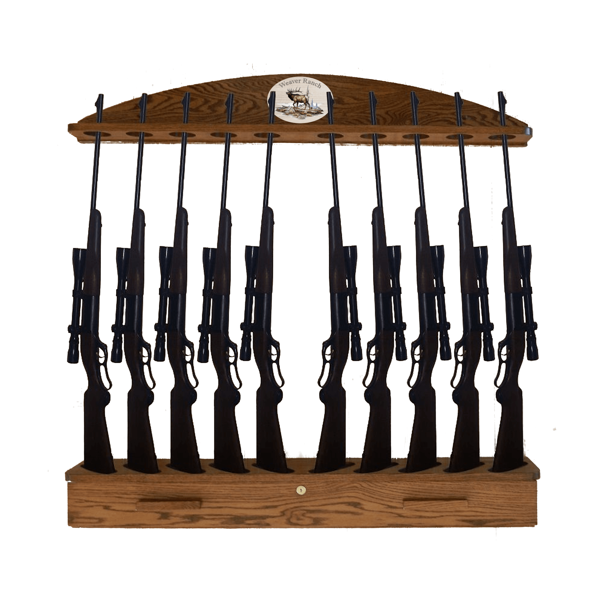 Handcrafted oak gun rack with 10 slots, featuring a locking ammo cabinet, personalized with custom art and or customer's name or initials.
