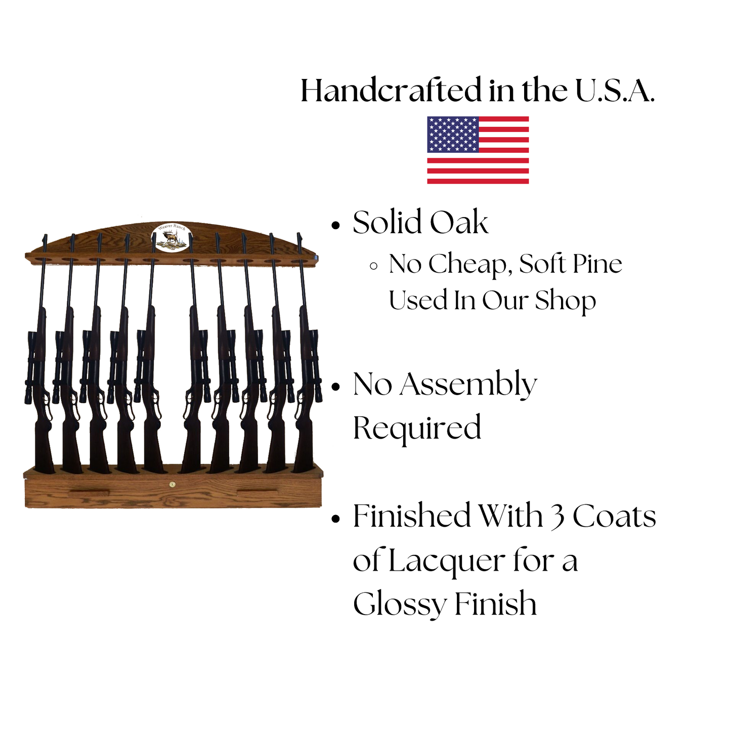 10-Gun Custom Personalized Solid Oak Wall-Mounted Gun Rack - with Locking Ammo Cabinet Display