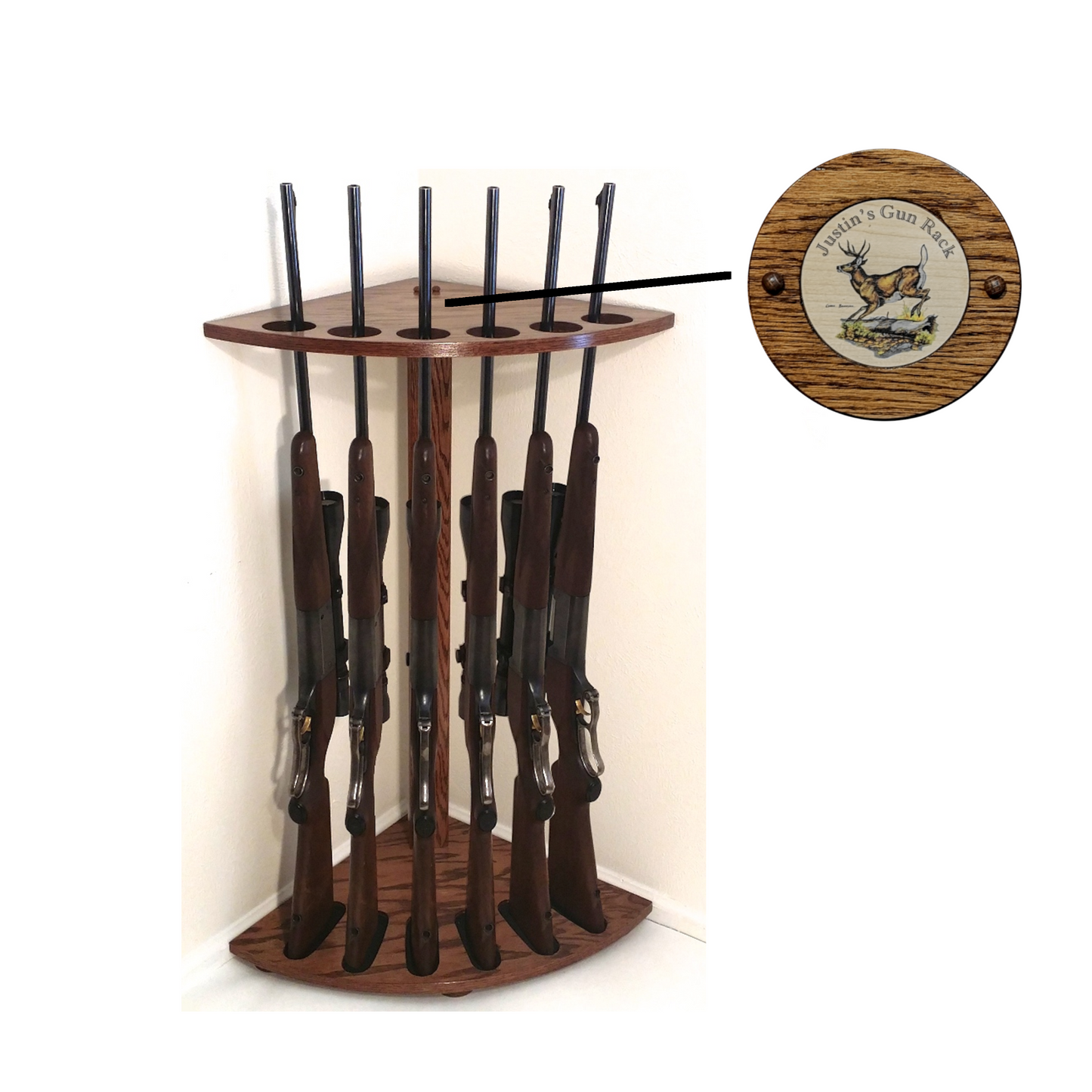 Personalized 6-Gun Oak Floor Corner Gun Rack Rifle / Shotgun Display