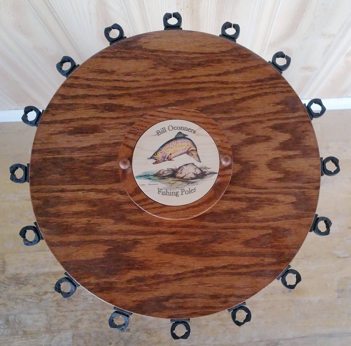 Personalized Rotating Oak Fishing Rod Reel Display Rack 16-Pole
