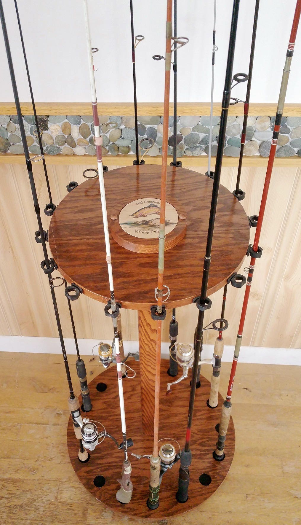 Personalized Rotating Oak Fishing Rod Reel Display Rack 16-Pole