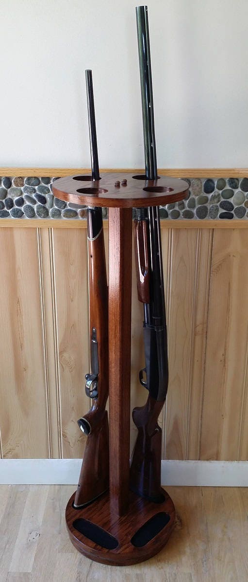 4-Gun Oak Wood Floor-Standing Rotating Gun Rack - Rifle Display