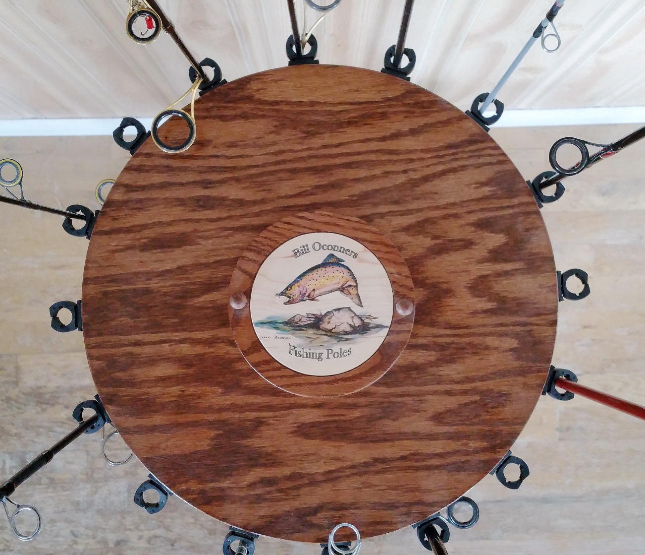Personalized Rotating Oak Fishing Rod Reel Display Rack 16-Pole