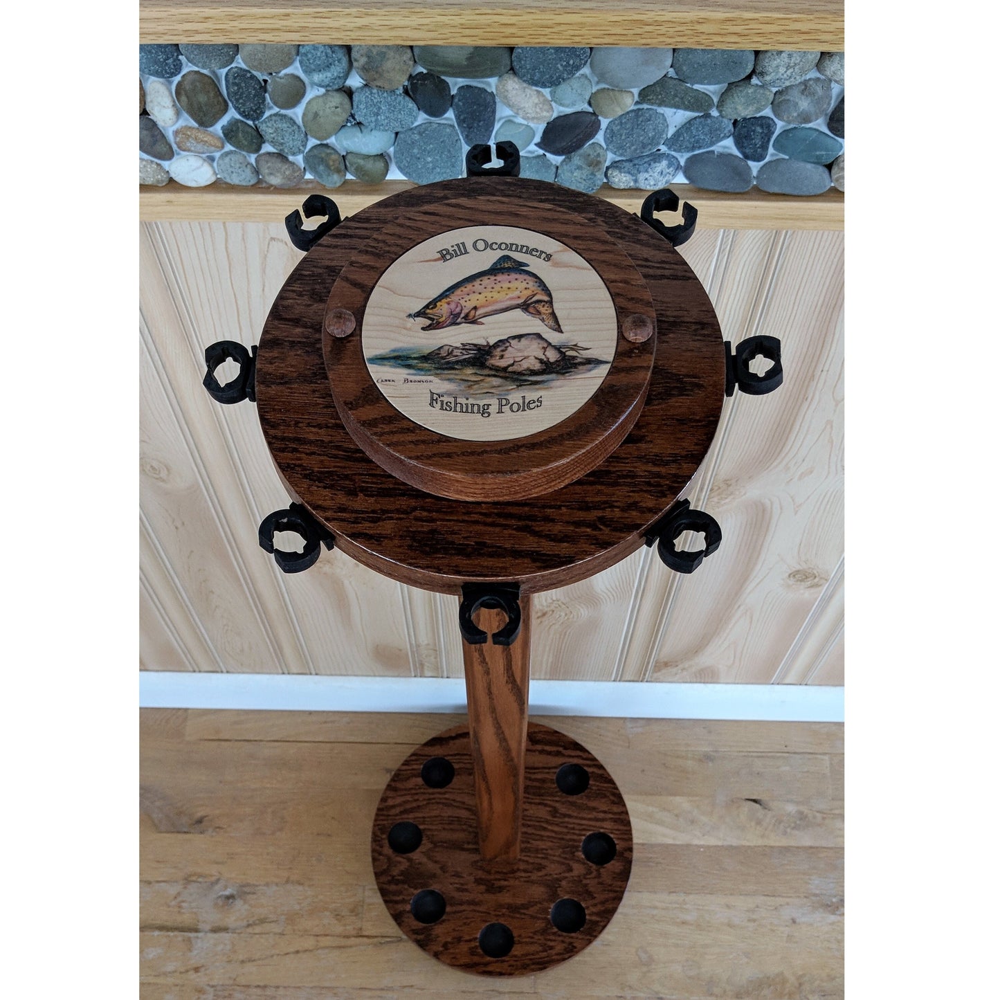 Personalized 8-Pole Oak Rotating Fishing Pole Display Rack