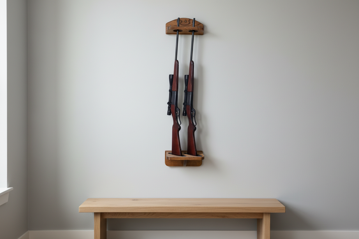 Solid Oak 2-gun rack displayed on gray wall.