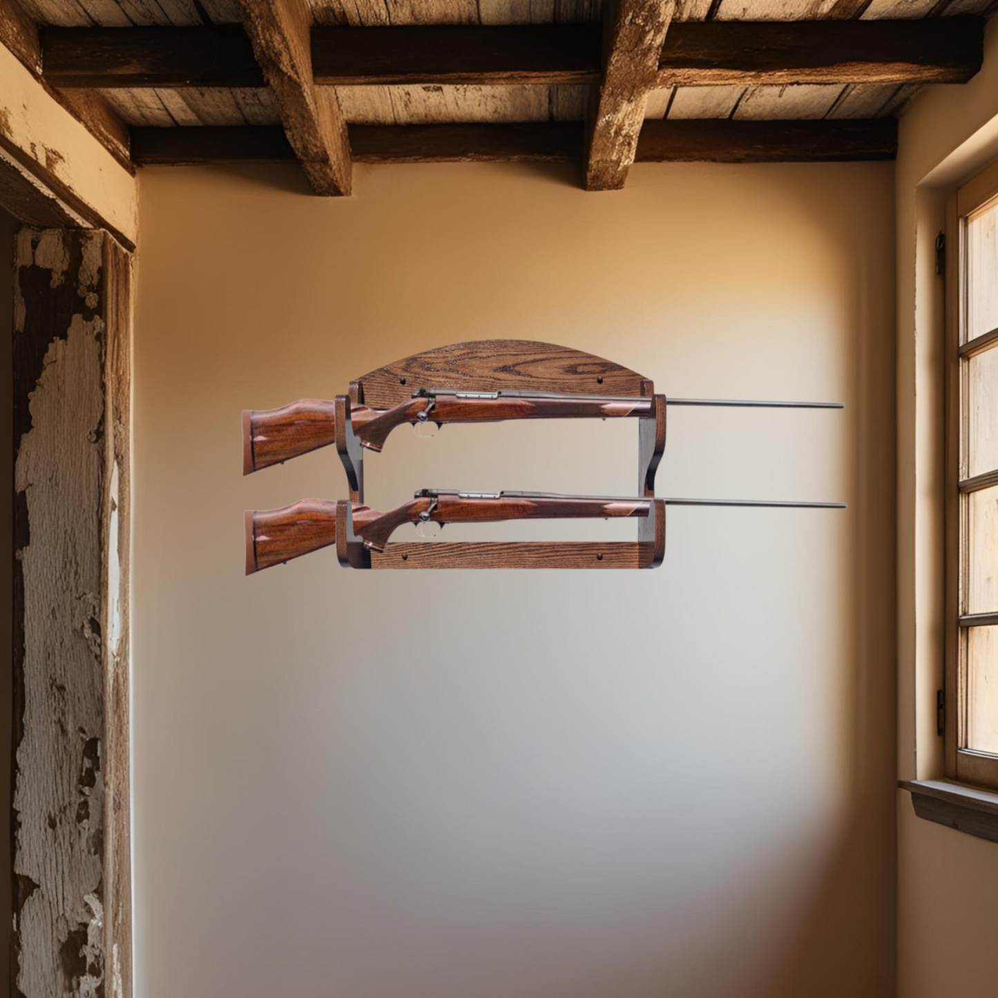 Solid Oak 2-Gun Rack on a wall with 2 shotguns displayed
