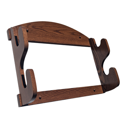 2-Gun Solid Oak Gun Rack, Stained with English Chestnut color, shown at an angle