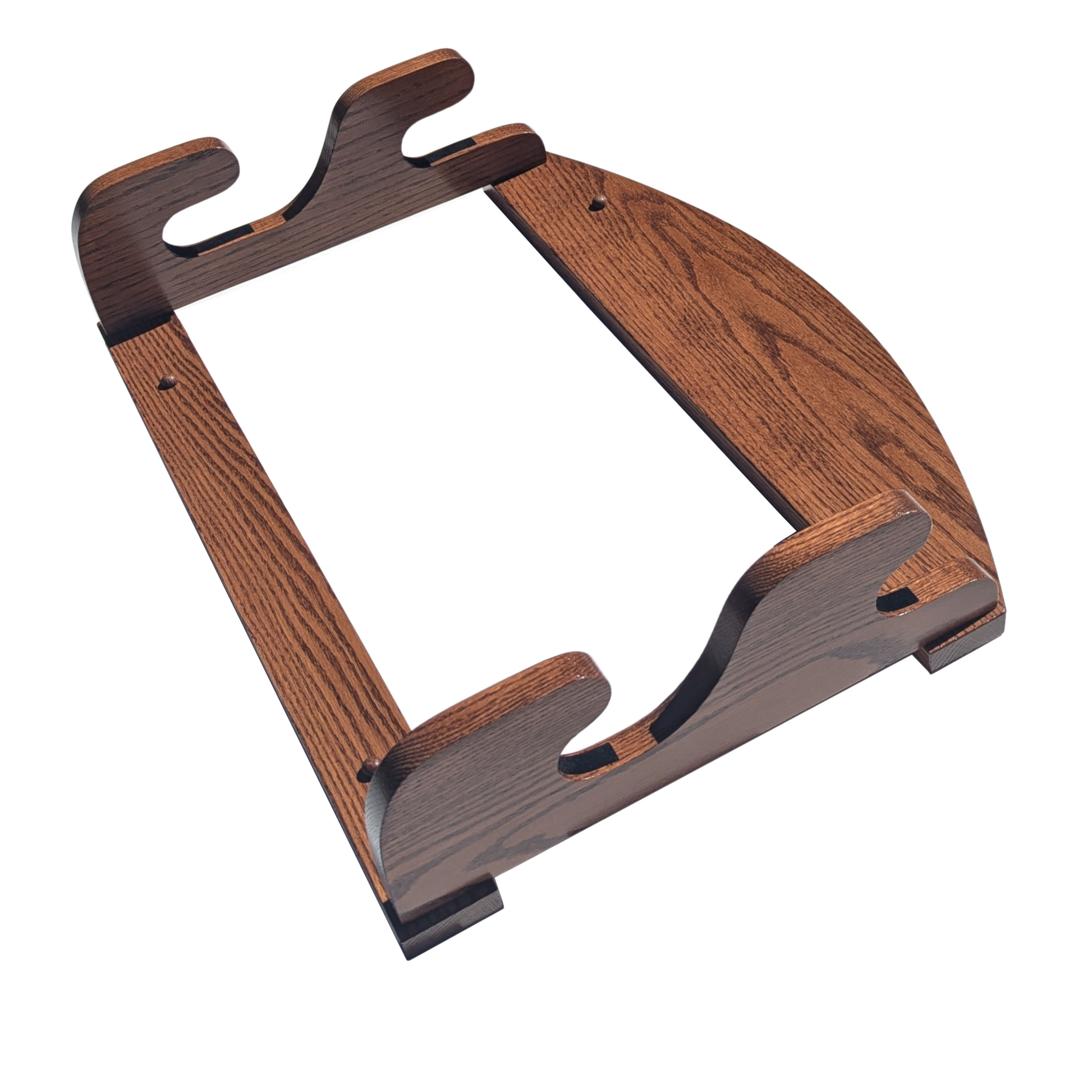 2-Gun Solid Oak Gun Rack, Stained with English Chestnut color, shown at an angle