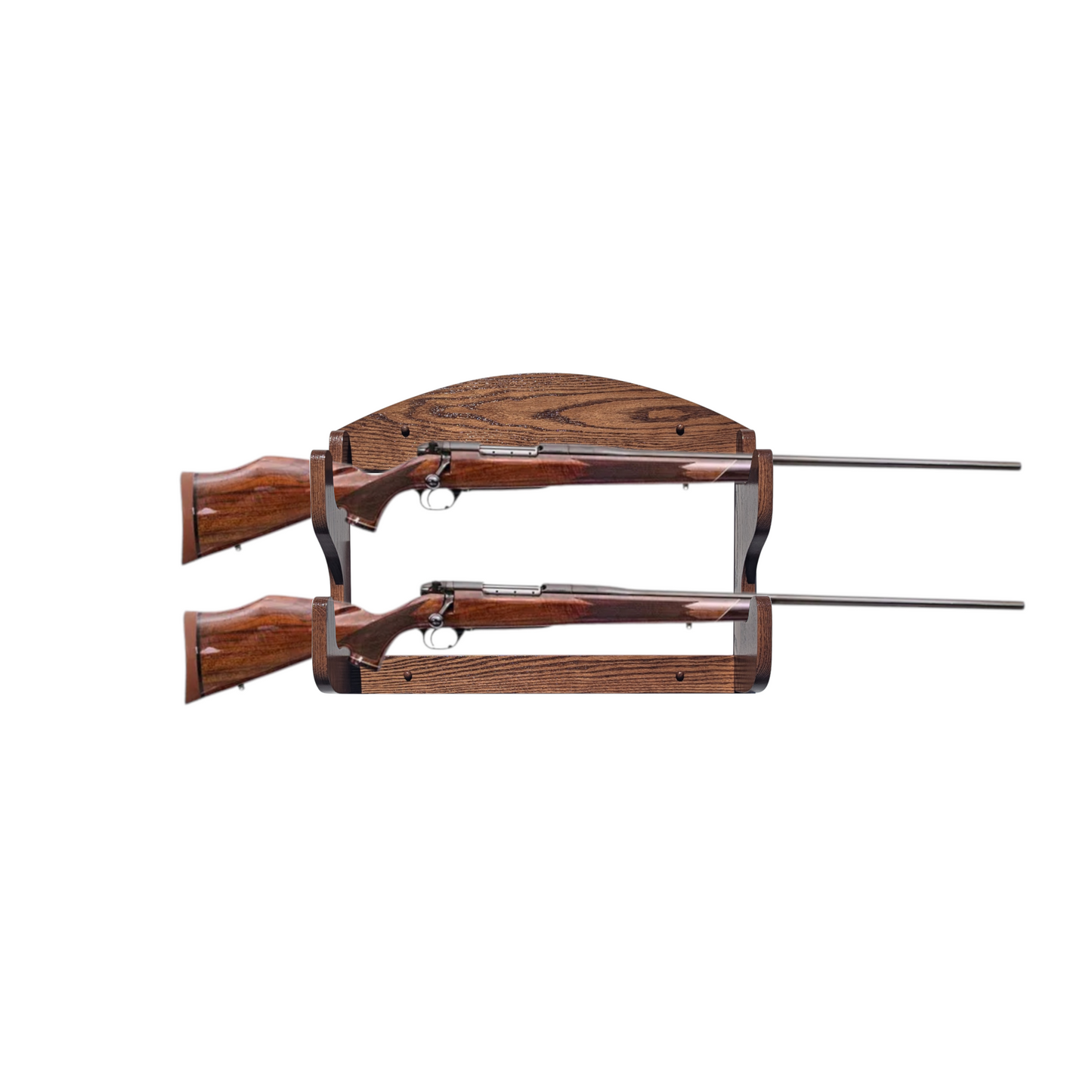 Solid Oak Gun Rack, Stained with English Chestnut color, shown holding 2 Rifles