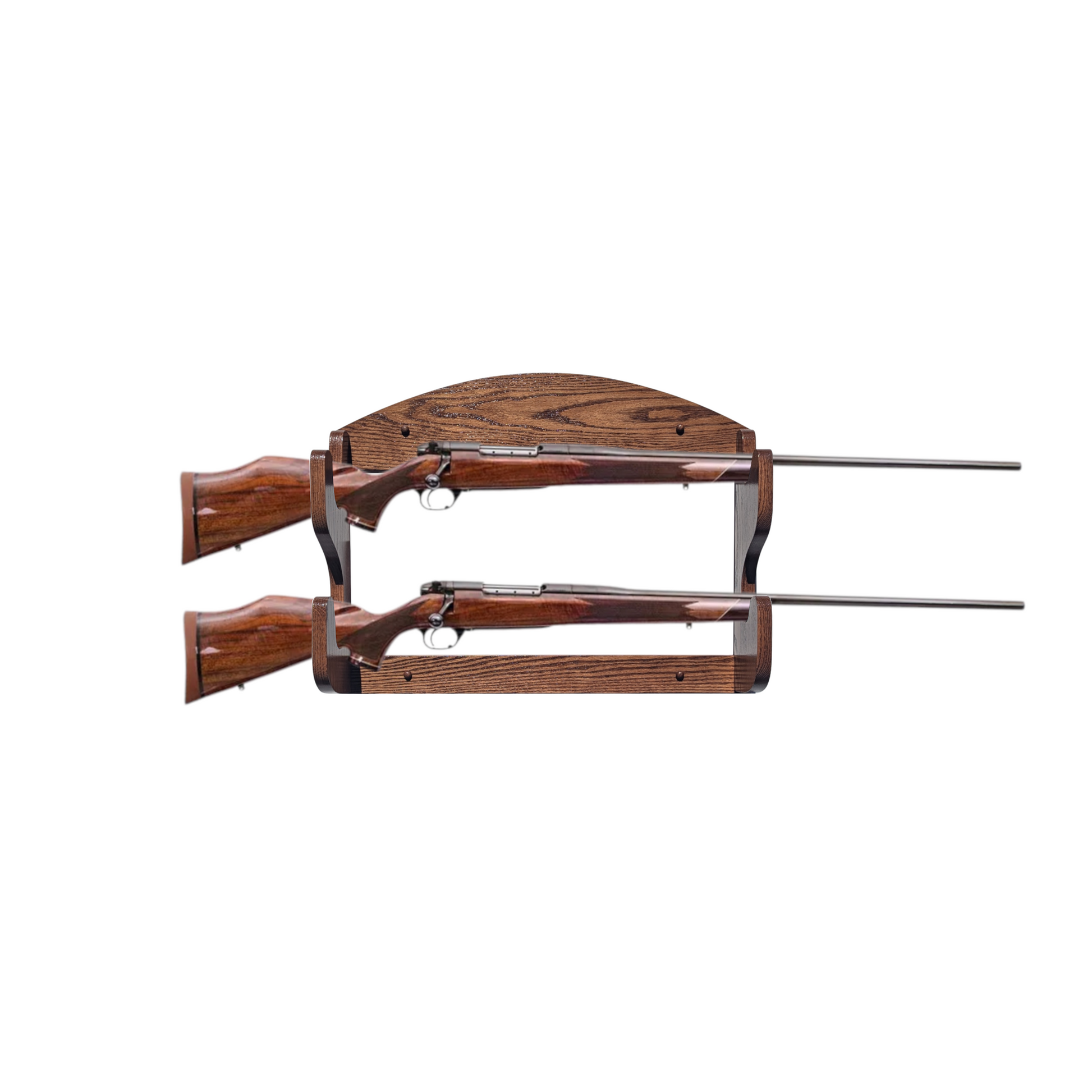 Solid Oak Gun Rack, Stained with English Chestnut color, shown holding 2 Rifles