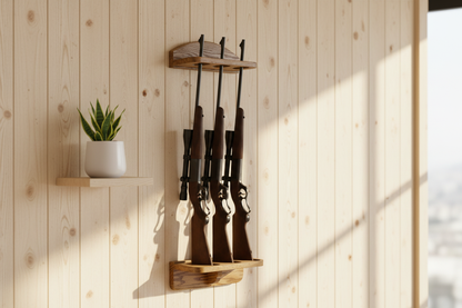 3-gun rack on wood paneled wall
