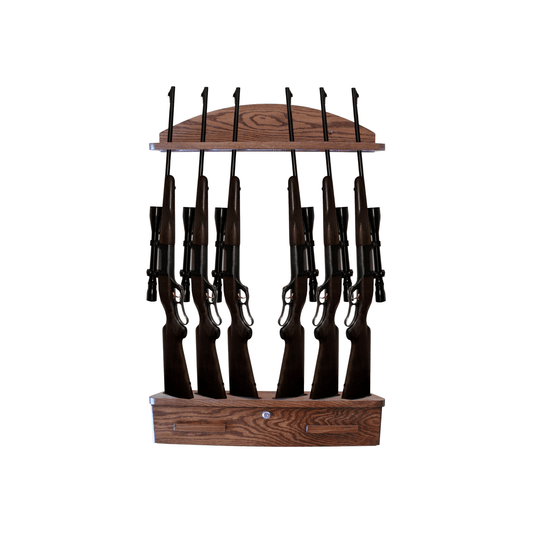 6-Gun Solid Oak Wall Rack with Locking Ammo Cabinet - Split Direction