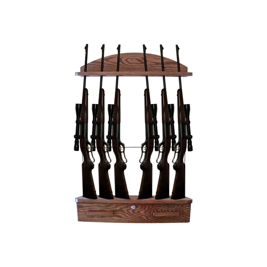 6-Gun Wall Mount Gun Rack with Locking Ammo Cabinet and Locking Gun Cable Solid Oak