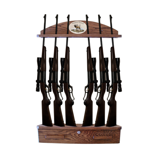 6-Gun Custom Personalized Solid Oak Wall-Mounted Gun Rack - with Locking Ammo Cabinet Display