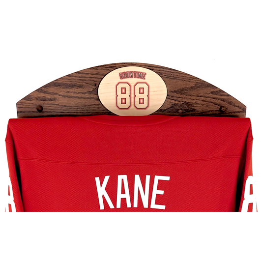 Personalized Jersey Display Holder: Solid Oak, Beautiful Grain, Wall-Mounted, Sports Memorabilia Hanger Rack