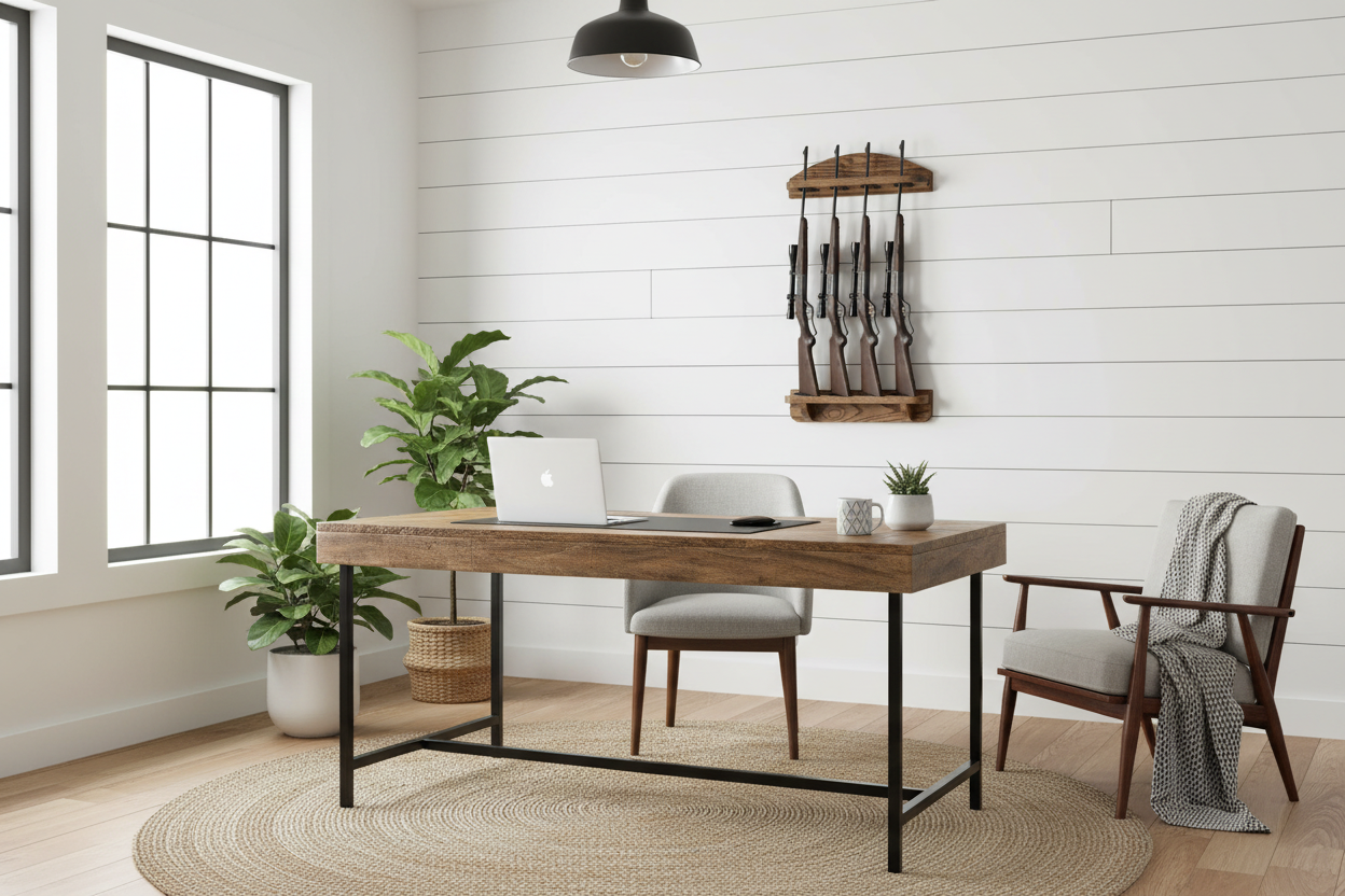 Modern farmhouse office with gun rack