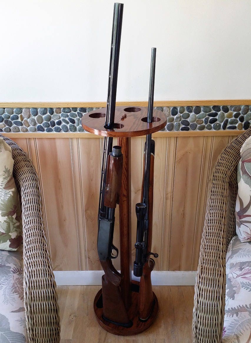 Rotating Rifle Display Case 4-Gun Floor Rotating Oak Wood Rifle / Shotgun Display Gun Rack – Weaver ...