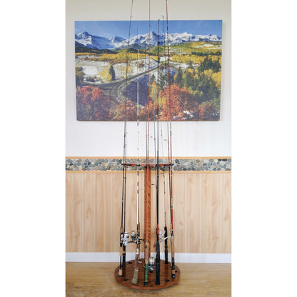 16-Pole Oak Rotating Fishing Rod Reel Display Wood Rack