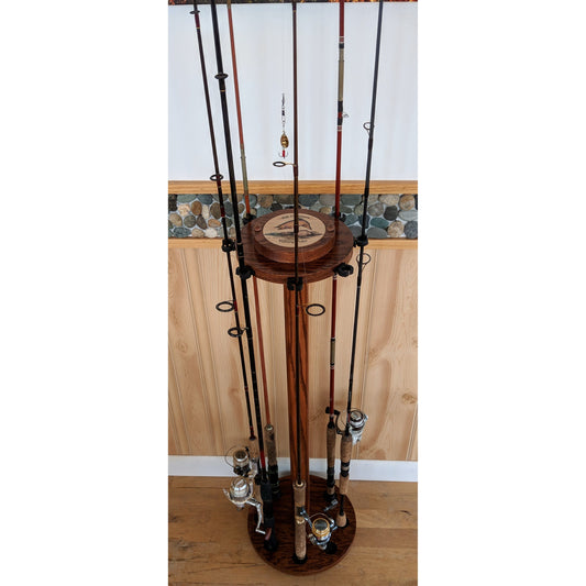 Personalized 8-Pole Oak Rotating Fishing Pole Display Rack